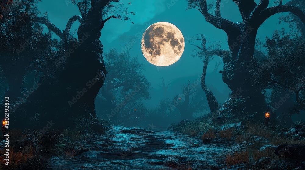 Poster mysterious moonlit forest landscape with tall trees and glowing lanterns in the foreground copy spac