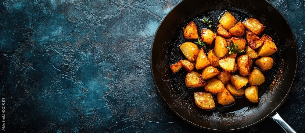 Poster close-up of roasted golden potatoes in a black frying pan on dark textured background with copy spac