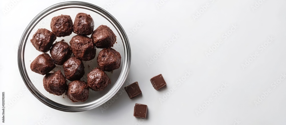 Poster chocolate truffles in a bowl with scattered chocolate cubes on a white background copy space