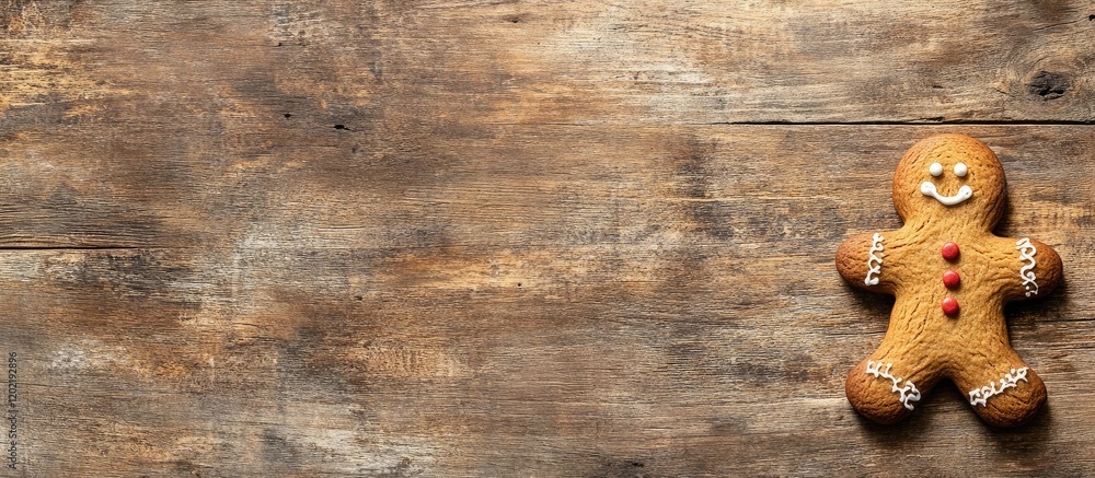 Poster gingerbread cookie on wooden background with copy space for text or design elements