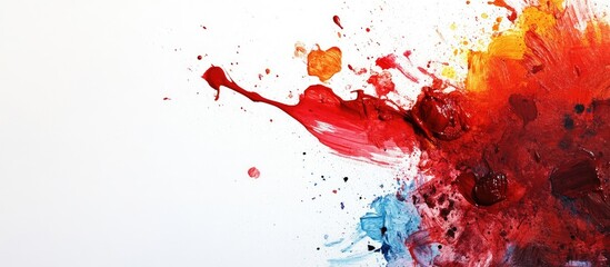 Colorful abstract splash of paint with vibrant red, orange, and blue hues on white background with ample Copy Space for text placement