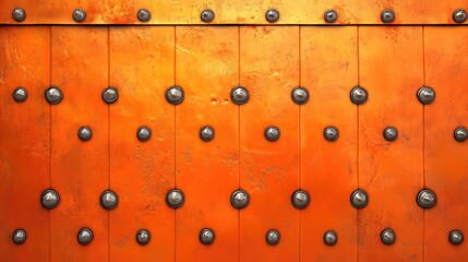 Textured orange metal panel with rivets, industrial design, Copy Space for text placement.