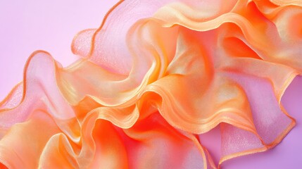 Orange and pink chiffon fabric draped with elegant folds on a pastel background Copy Space