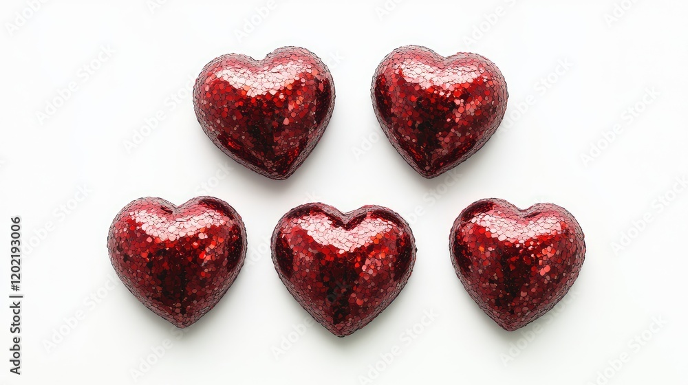 Poster five shiny red decorative heart-shaped items arranged on a white background with copy space.