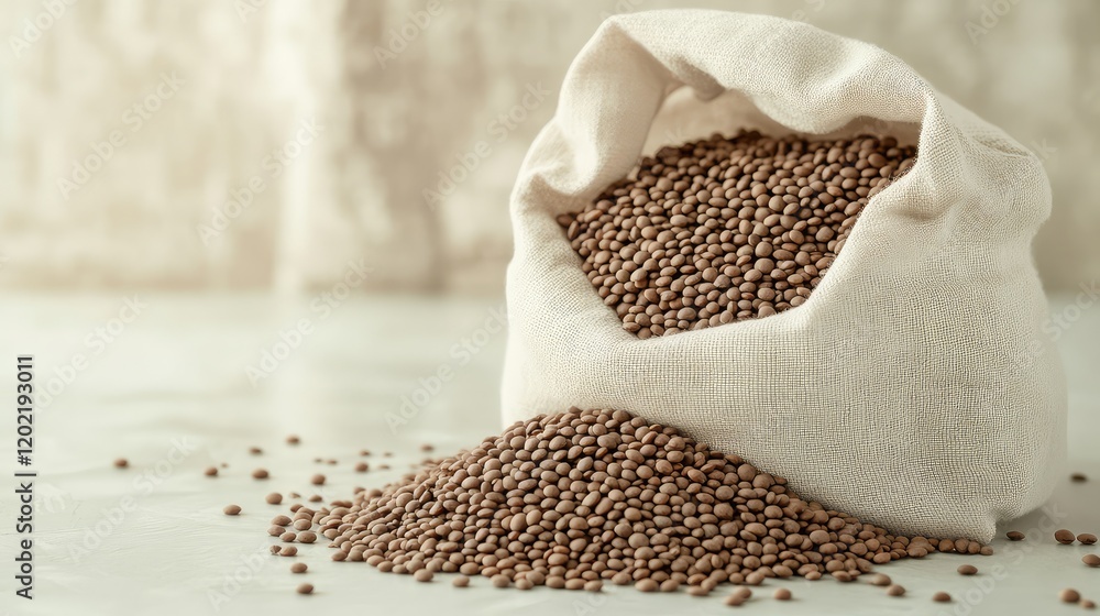 Poster brown lentils spilling from a burlap sack on a textured surface with natural light and soft backgrou