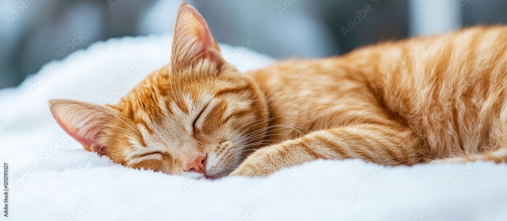 Aufkleber sleeping orange tabby cat resting on a soft white surface with eyes closed and relaxed posture, copy