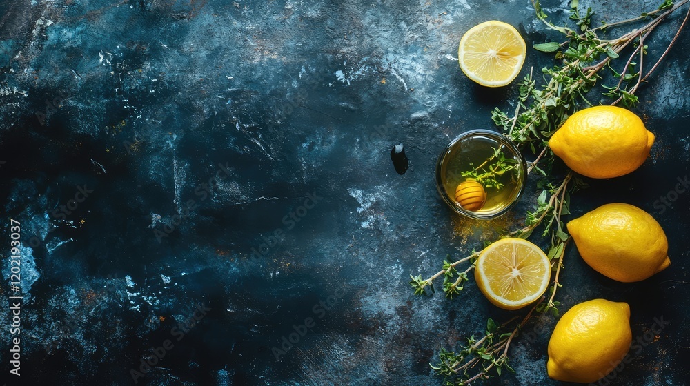 Aufkleber Fresh lemons with thyme and honey in a glass bowl on dark textured background with Copy Space for text.