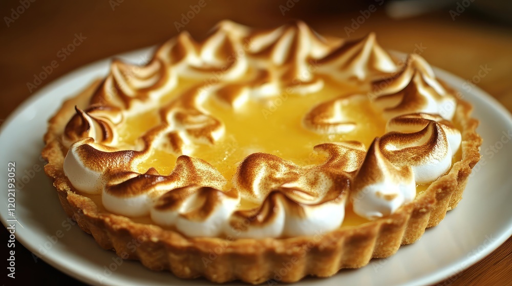 Poster lemon meringue pie on a white plate with golden meringue peaks and a crisp crust copy space