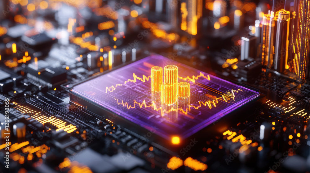 Poster vibrant scene showing futuristic stock exchanges with glowing data visualizations on circuit board. intricate details and bright colors create dynamic atmosphere