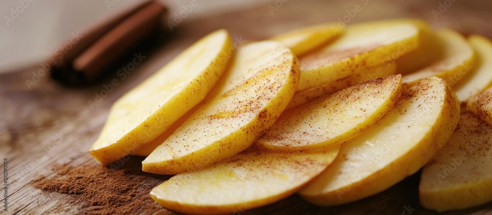 Poster freshly sliced apples sprinkled with cinnamon on a wooden surface with copy space