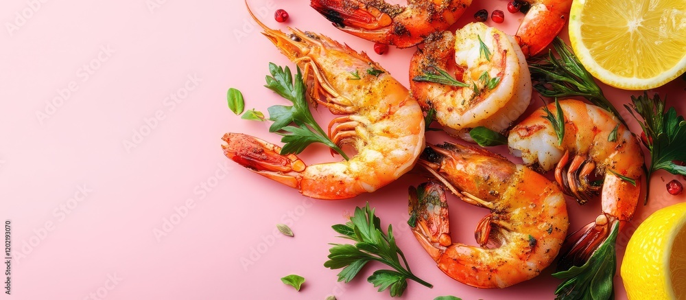 Aufkleber fresh cooked shrimp and scallops with herbs and lemon on pink background copy space
