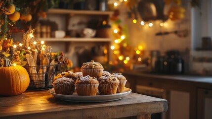 Cozy kitchen setting with autumn decorations and freshly baked muffins on wooden table, warm ambient lighting and pumpkins in background, Copy Space