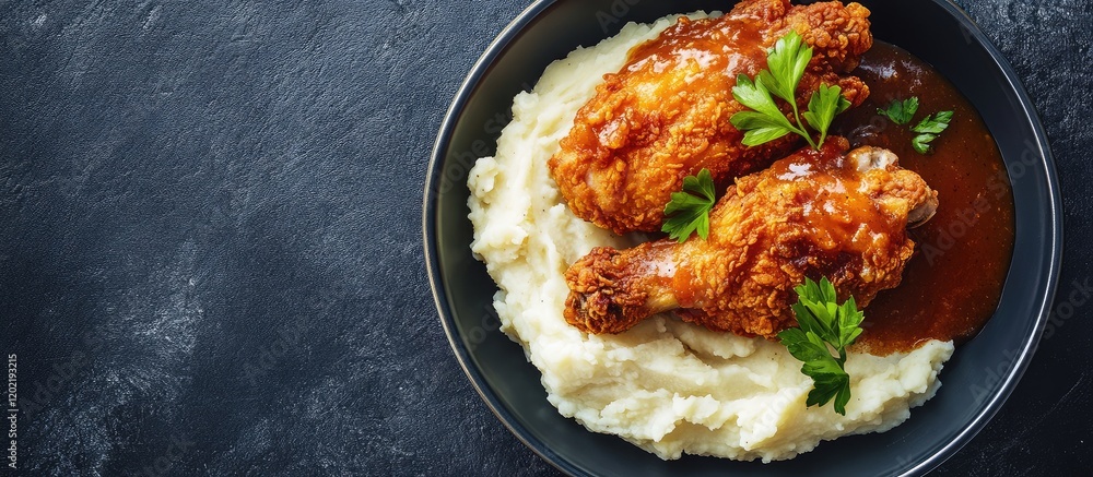 Poster fried chicken with gravy served on a bed of creamy mashed potatoes garnished with parsley on a dark 