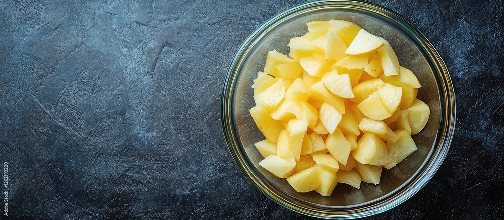 Poster chopped fresh apples in glass bowl on dark textured background with copy space for text