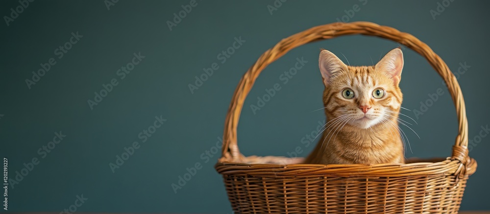 Poster ginger cat sitting inside a woven basket with a blurred green background and copy space for text