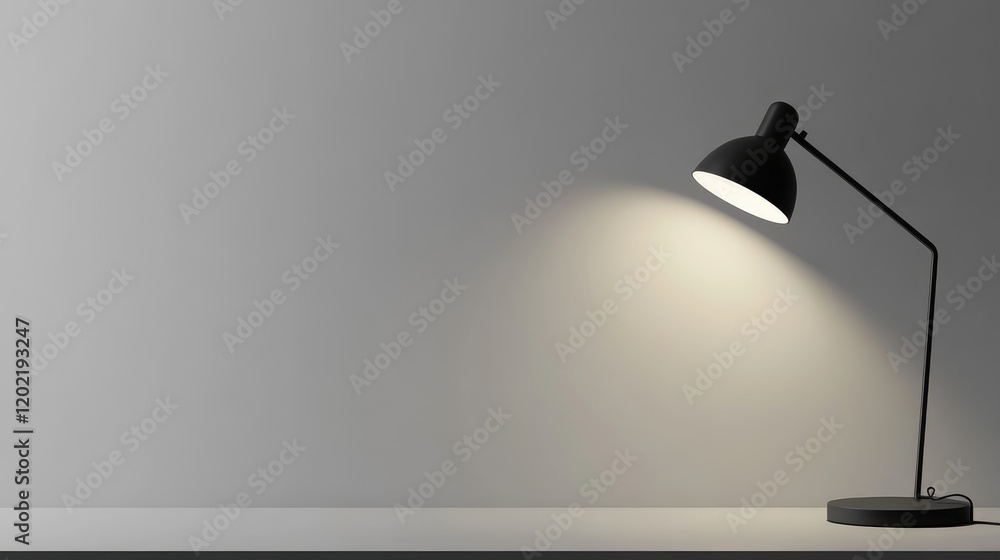 Poster black desk lamp illuminating a gray wall with copy space for text use