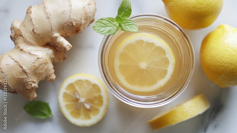 Poster fresh lemon and ginger drink with lemon slices and mint leaves on a marble surface copy space