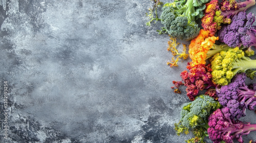 Poster colorful variety of fresh broccoli and cauliflower on a textured gray background with copy space for
