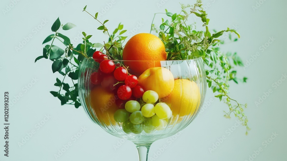 Aufkleber fresh assorted fruits with greenery in a clear glass bowl on a light background copy space