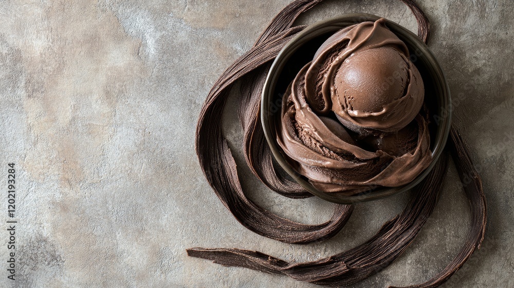 Poster chocolate ice cream scoop in a dark bowl with chocolate curls on a textured surface copy space