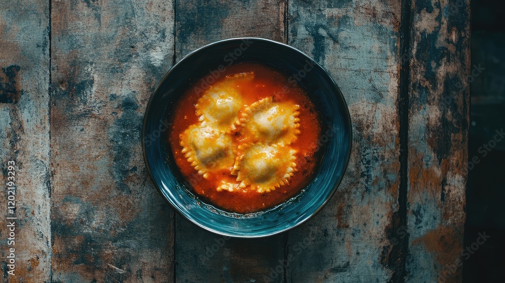 Poster ravioli in tomato sauce served in dark bowl on wooden table with copy space for text