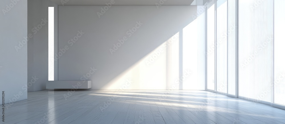 Poster empty spacious interior with large windows and natural light creating shadows on the floor copy spac