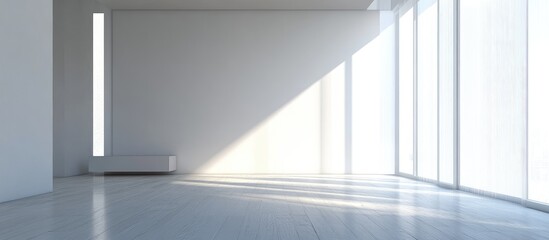 Obraz premium Empty spacious interior with large windows and natural light creating shadows on the floor Copy Space