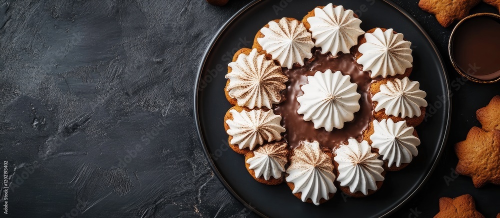 Poster chocolate cake topped with meringue swirls on a black plate with cookies and chocolate sauce on a da