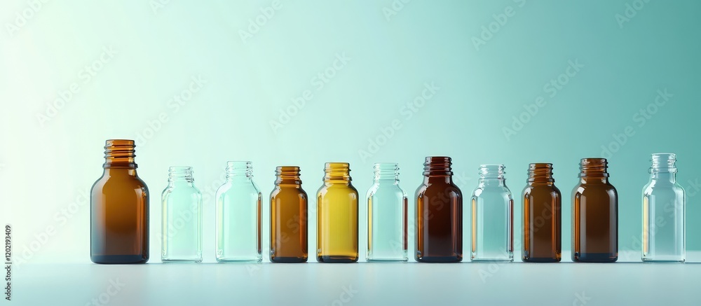 Aufkleber Line of various glass bottles in different colors and shapes against a soft gradient background with Copy Space for text placement