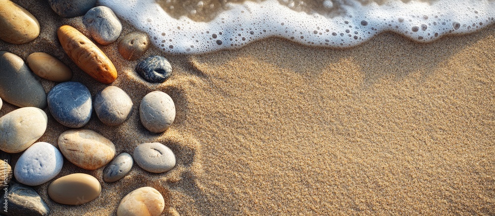Poster beach scene with smooth pebbles and gentle waves on sandy shore copy space for text placement