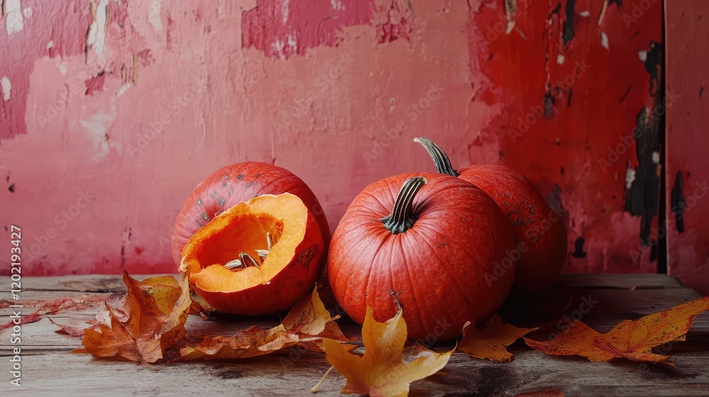 Poster pumpkins and autumn leaves on rustic wooden table with red textured background and copy space for te
