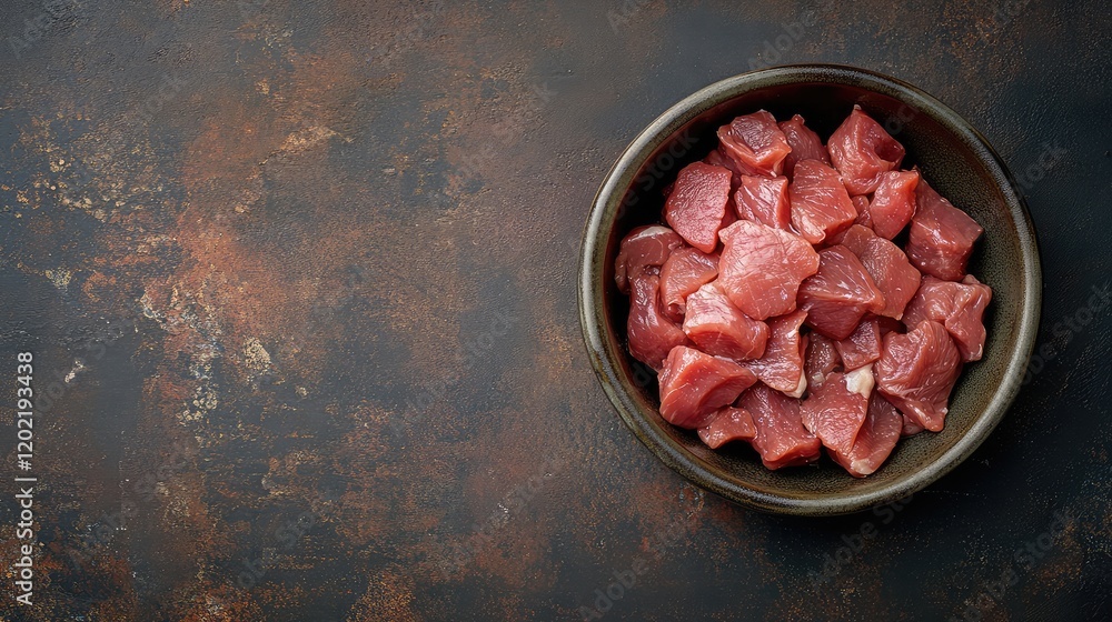 Aufkleber raw diced meat in a brown bowl on a dark rustic background with copy space for text inclusion