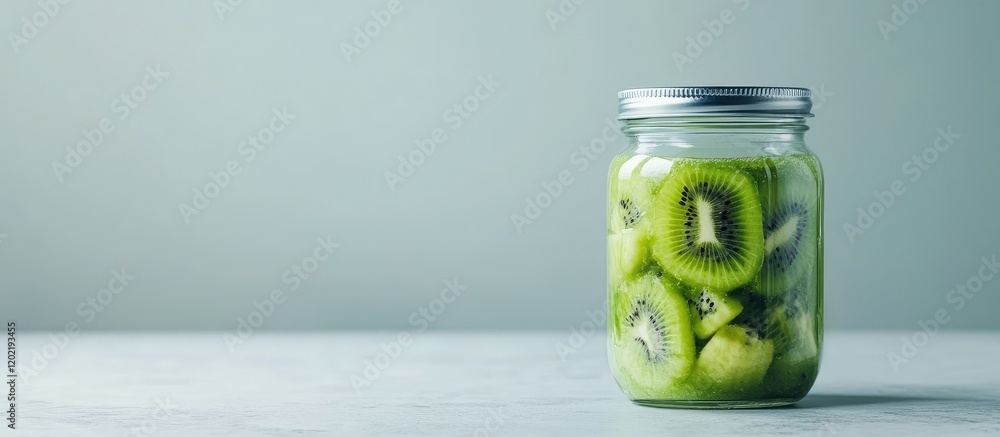 Poster sliced kiwi fruit preserved in a glass jar with metal lid on a light background with copy space