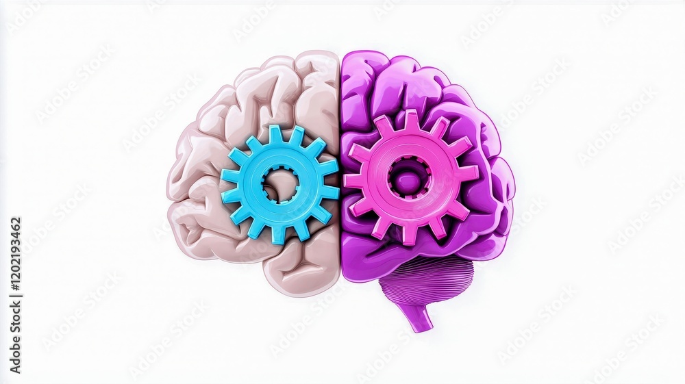 Poster a colorful illustration of a brain split into two halves, featuring gears that symbolize creativity 