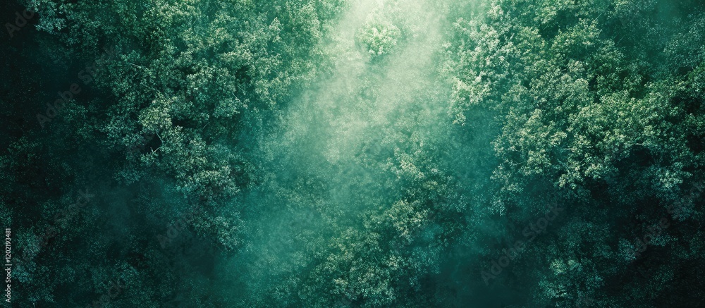 Poster Aerial view of dense forest canopy with mist under soft natural light and Copy Space for text placement.