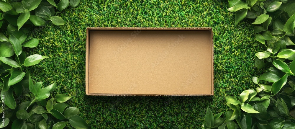 Poster Empty rectangular cardboard box on grass background with surrounding green leaves and ample copy space.