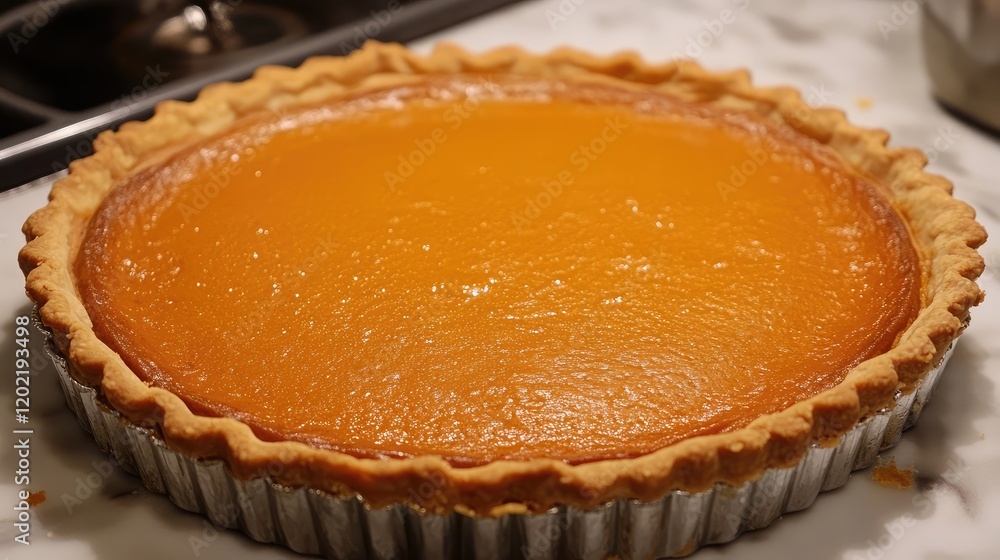 Poster pumpkin pie in a silver metal pie dish on a marble countertop with visible crust and smooth filling 