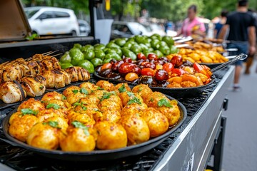 Vibrant Street Food Display with Grilled and Spiced Delicacies