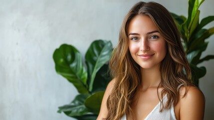 Fototapeta premium Young woman with long brown hair smiling in front of indoor plants against a textured wall Copy Space
