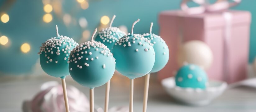 Colorful cake pops with blue icing and white sprinkles on wooden sticks, decorative background with soft lighting and gift boxes. Copy Space.