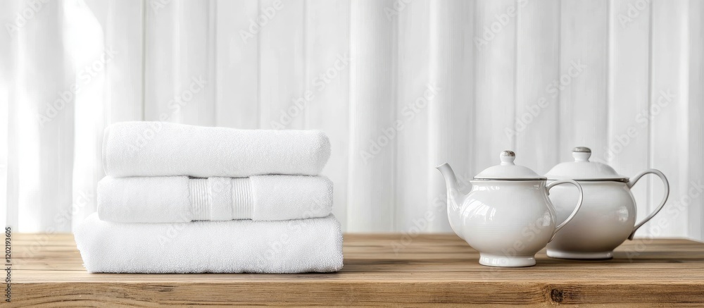 Poster white cotton towels stacked on wooden table with teapot and teacup against soft fabric background co