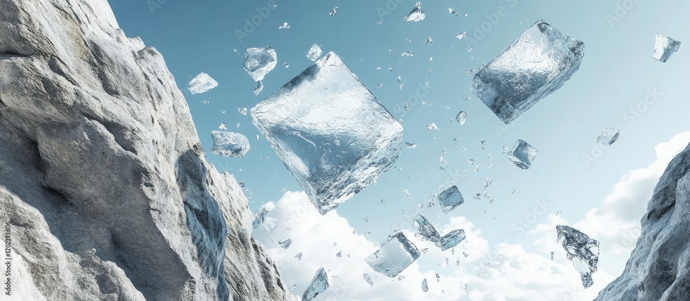 Poster Melting icebergs floating in the ocean with cloudy sky in the background Copy Space