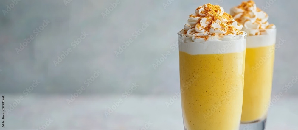 Poster two glasses of creamy mango or passion fruit smoothie topped with whipped cream and caramelized nuts