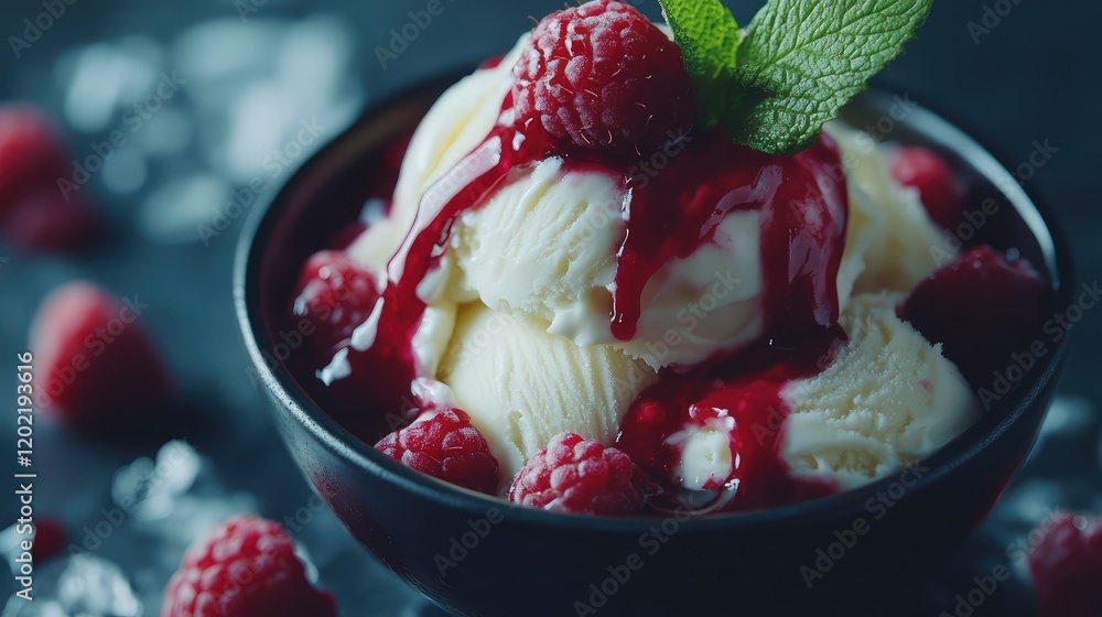 Poster Bowl of ice cream with raspberries and raspberry sauce topped with mint leaves on a dark background Copy Space