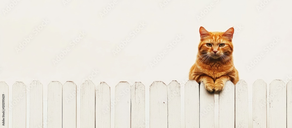 Poster Orange tabby cat resting on a white wooden fence with a plain background and ample Copy Space for text placement