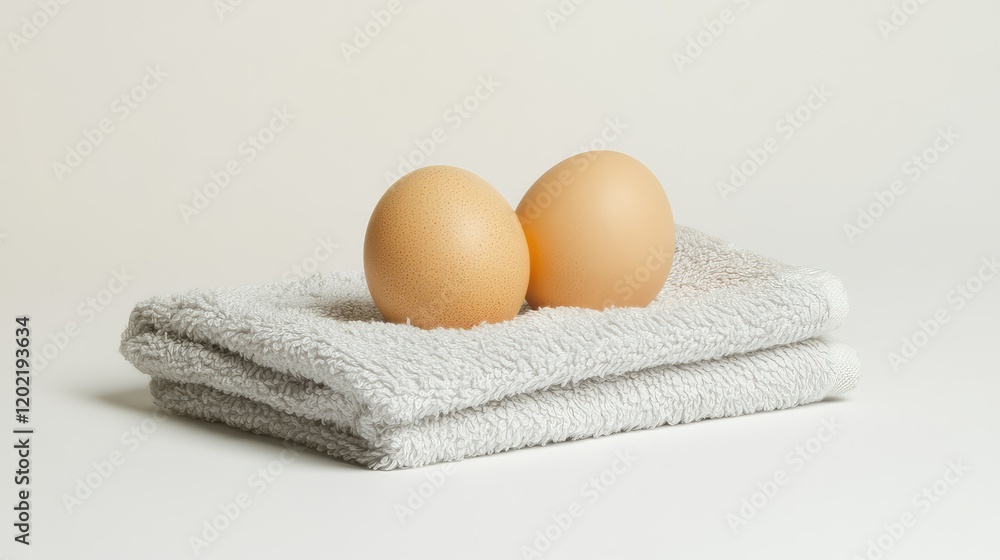 Poster two eggs resting on a folded gray towel with a neutral background and ample copy space for text plac