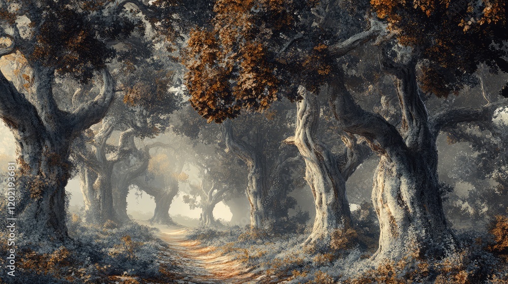 Aufkleber misty forest pathway with ancient trees and autumn foliage creating a tranquil atmosphere copy space
