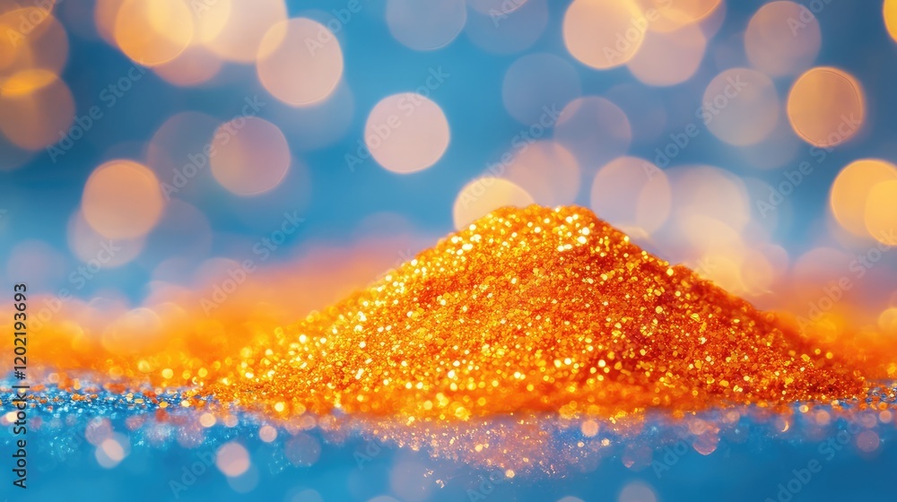 Poster golden glitter pile with shimmering bokeh background and copy space for text