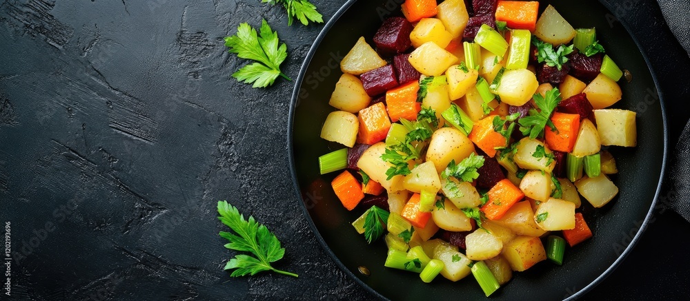Poster freshly chopped colorful mixed vegetables on a black plate with herbs and dark textured background c