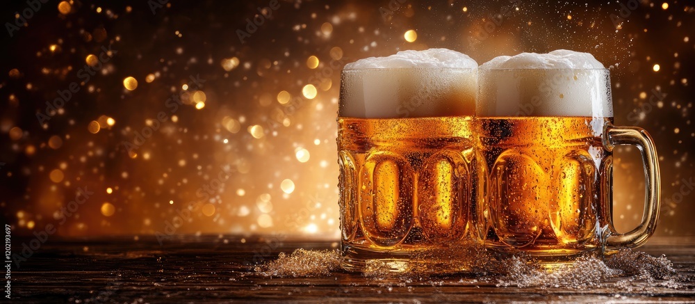 Poster Two frothy beer mugs on wooden table with sparkling background and copy space for text.